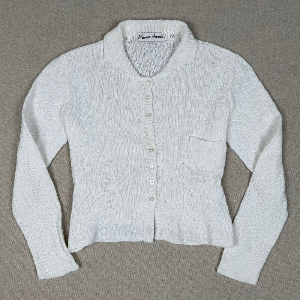 Vintage Marion Foale White Cropped Knit Cardigan Sweater Checkerboard Texture